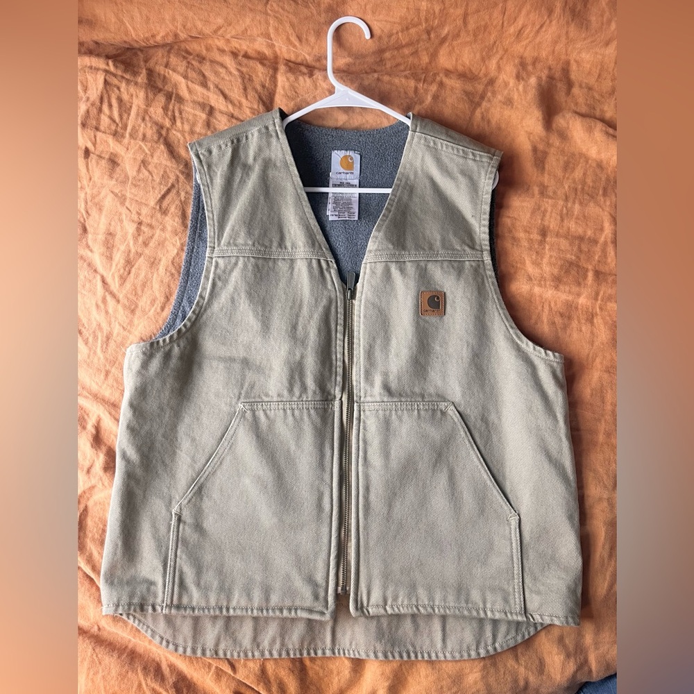 Carhartt Tan Canvas Work Vest with Gray Fleece Lining